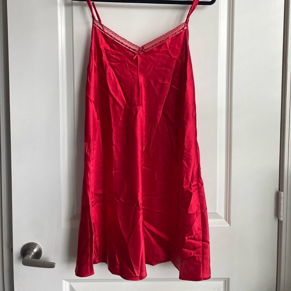 Satin red slip dress with bow detail